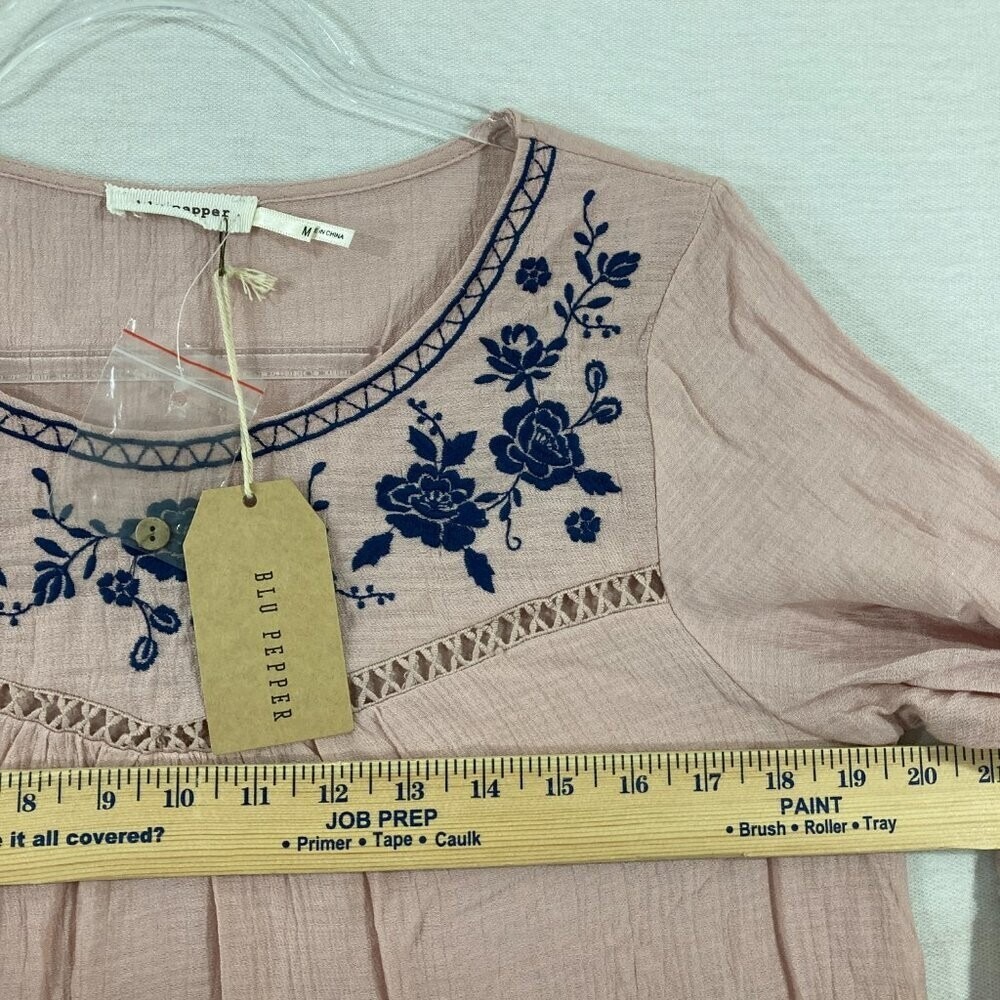 New Blu Pepper Medium Pink Blue Floral Embroidered Ruffle Blouse Cottagecore - Picture 7 of 11